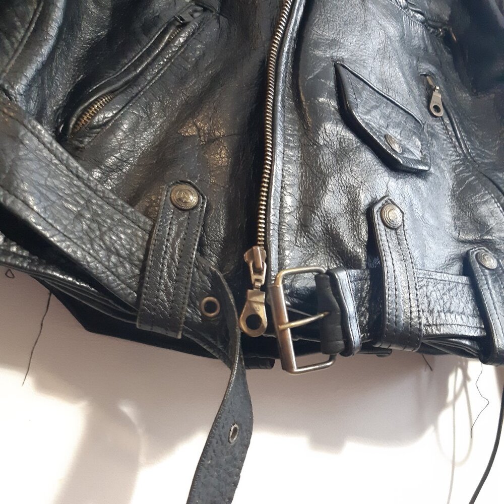 Rare Vintage Black Leather Bicker Jacket Great Seal of Oklahoma 1907 Snaps Large - Picture 12 of 17